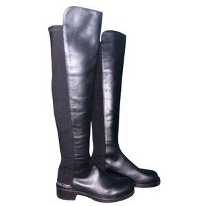 Stuart Weitzman 5050 Bold Logo Boots, Black Leather, Over-the-Knee 5.5B